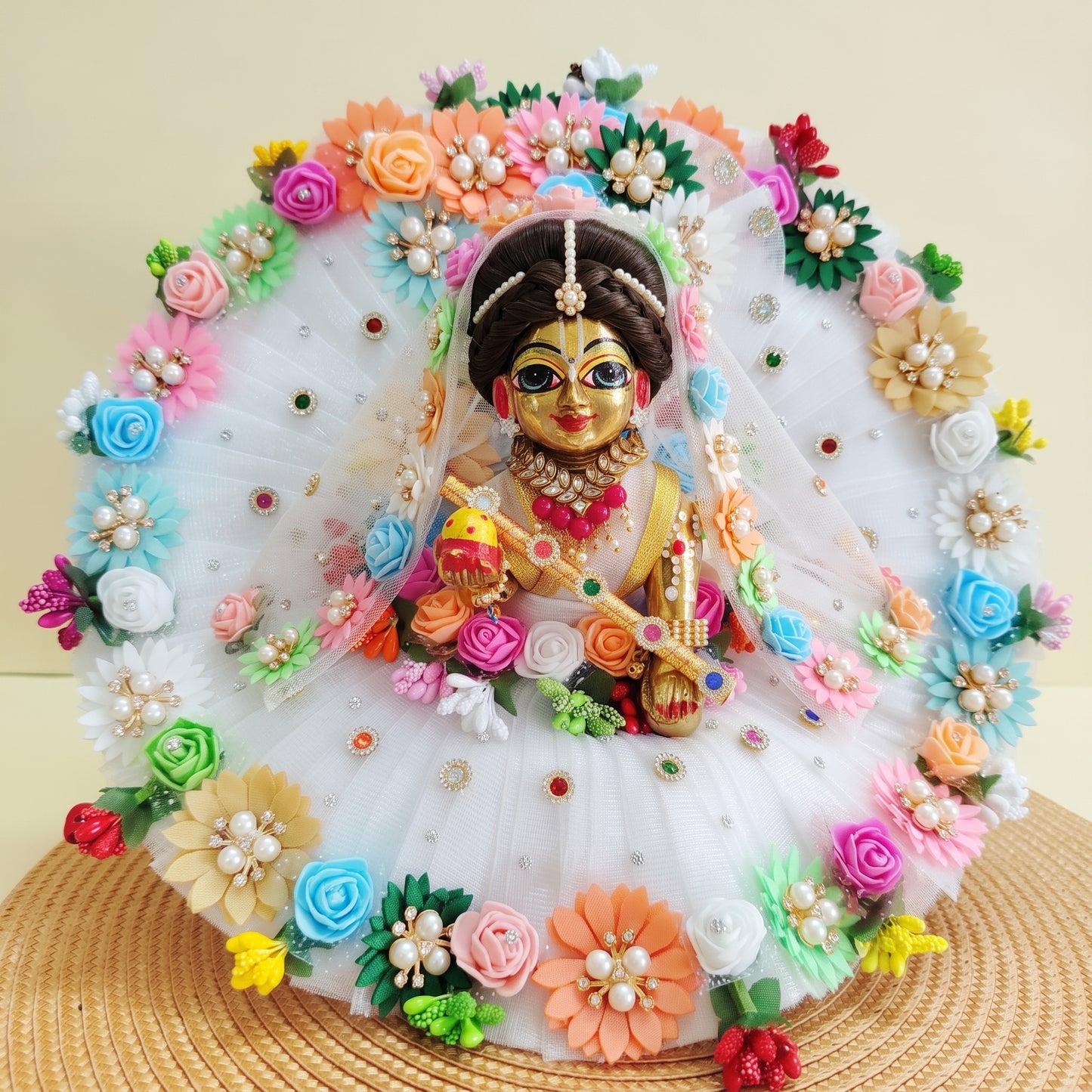Bal Radha Multicolor Flowers Dress with Dupatta, Bansuri and a Surprise Gift