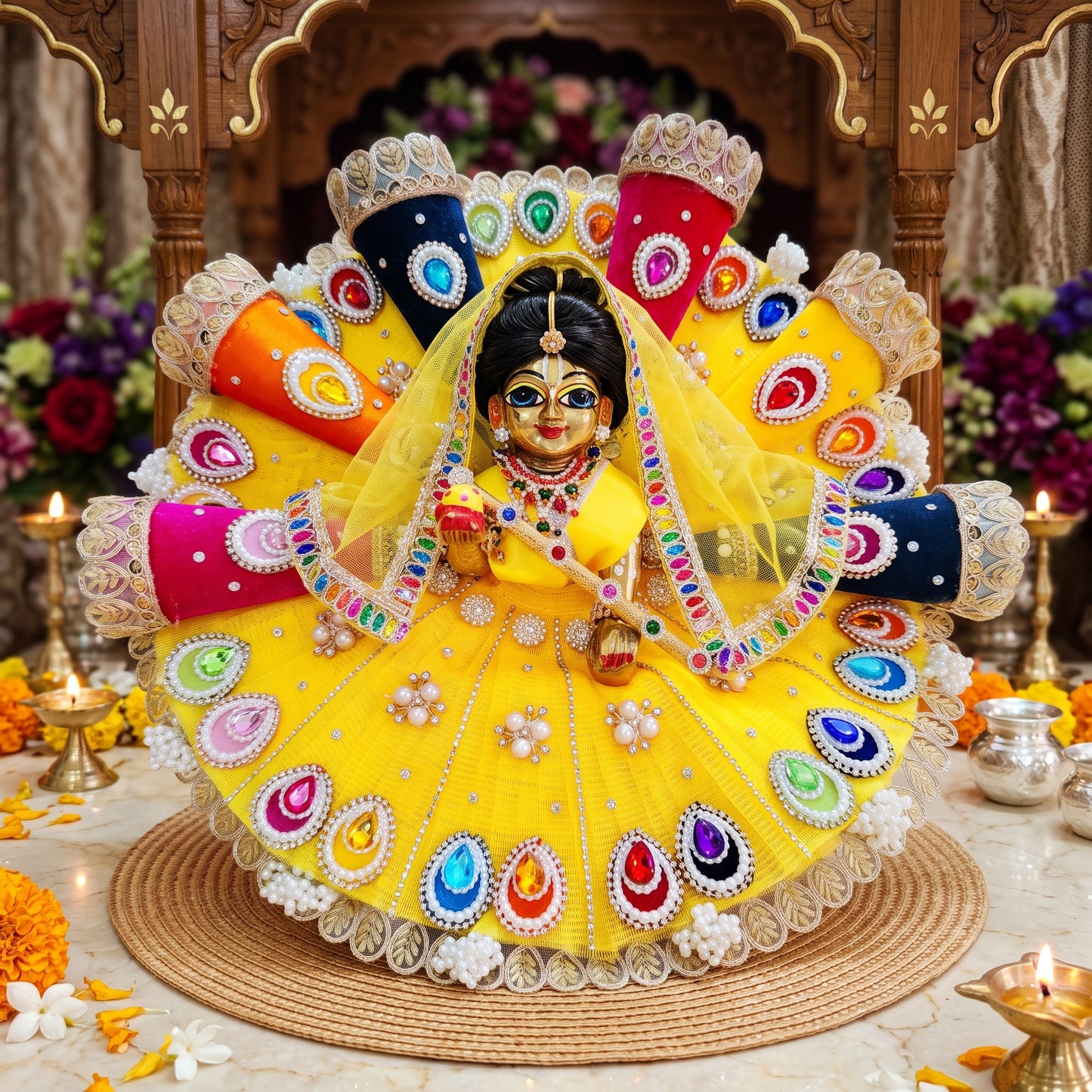 Designer 3D Cone Shri Radha Dress with Chunri, Bansuri and a Surprise Gift