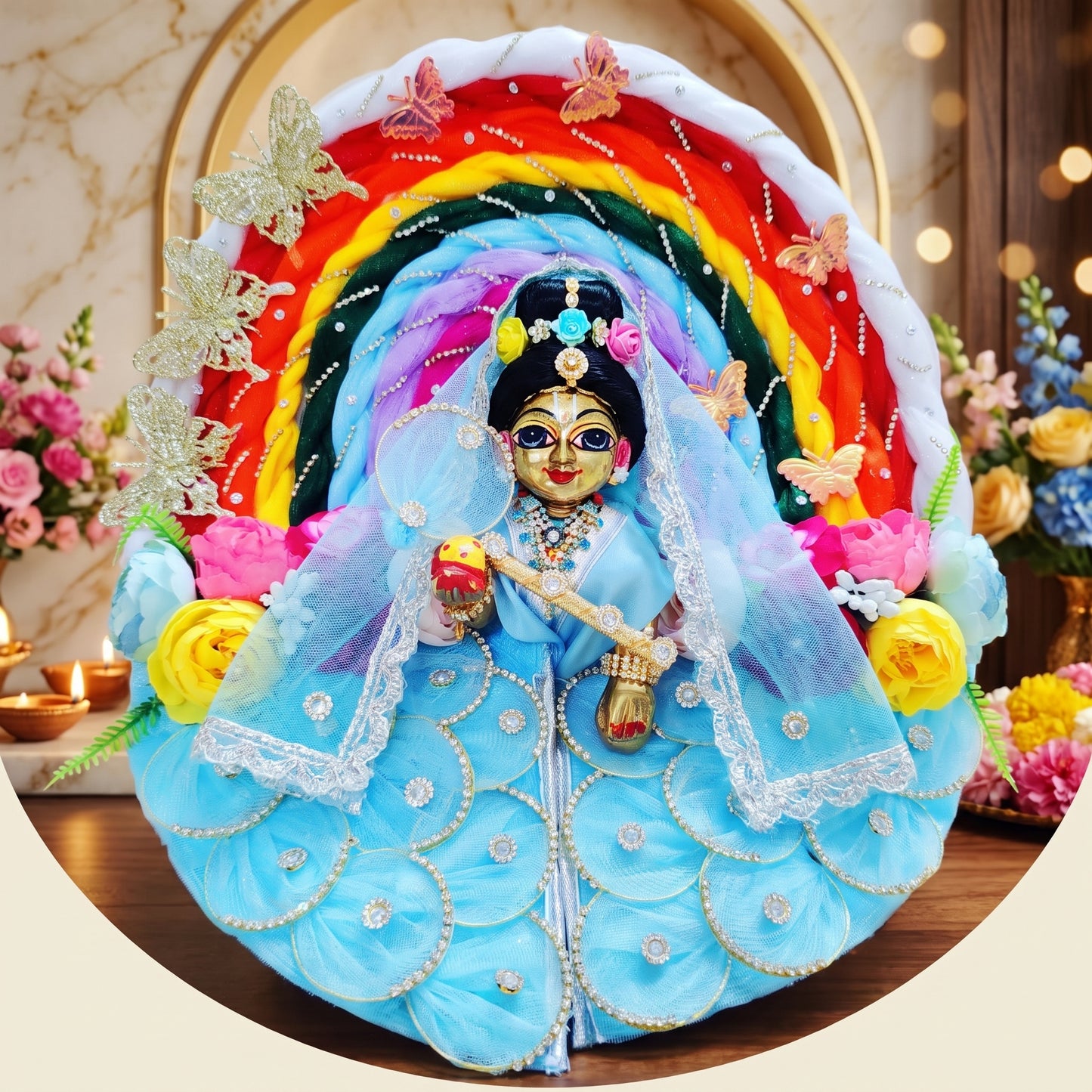 Rainbow-Butterfly Themed Shree ji Floral Dress with Dupatta, Bansuri and a Surprise Gift