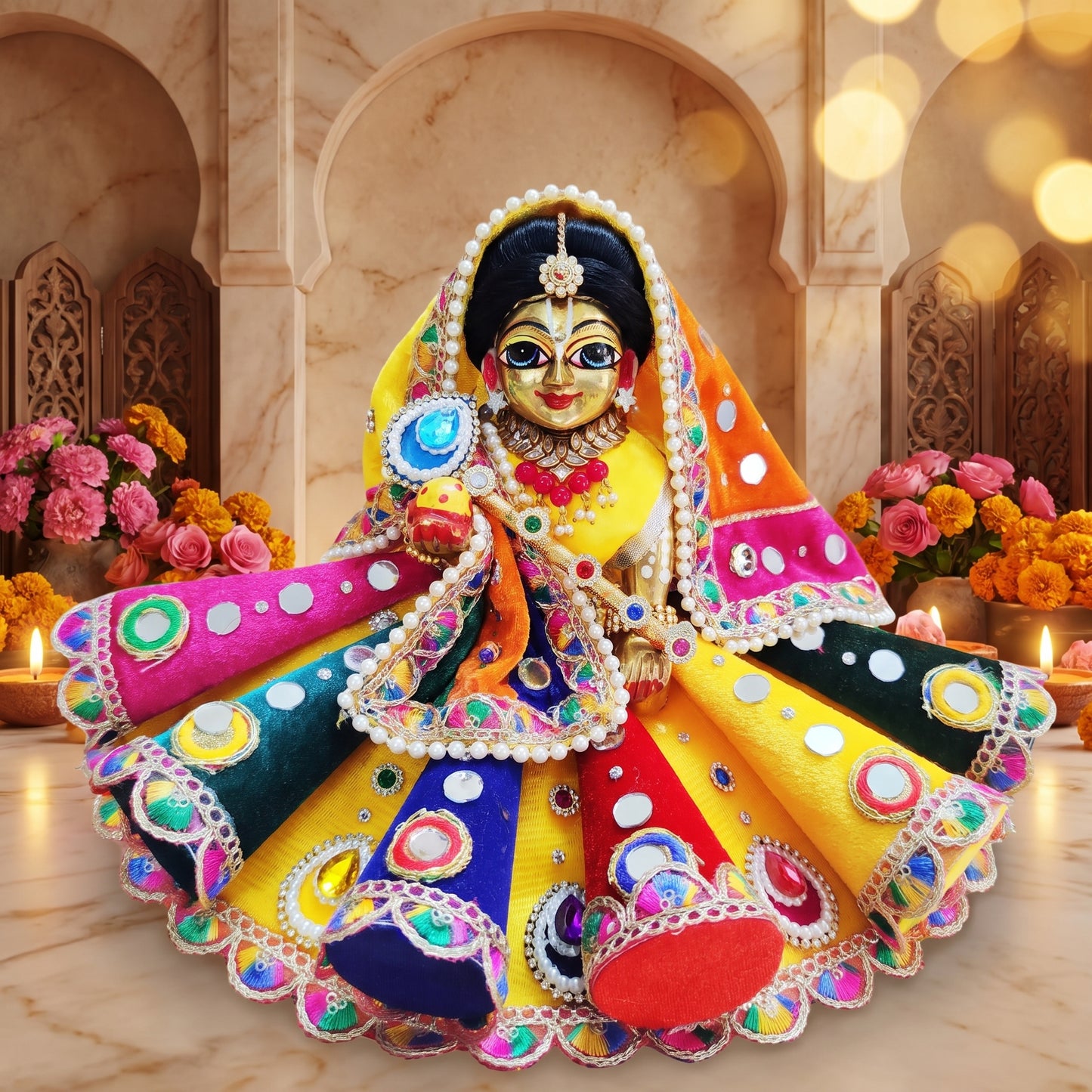 Designer 3D Cone Shri Radha Dress with Chunri, Bansuri and a Surprise Gift