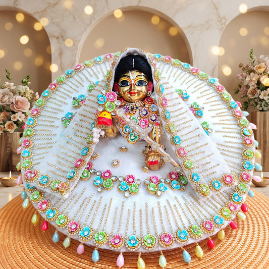 Elegant White Radha Rani Poshak with Chunri, Bansuri and a Surprise Gift