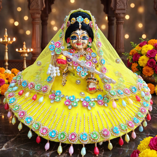 Elegant Lemon Yellow Radha Rani Outfit with Chunri, Bansuri and a Surprise Gift