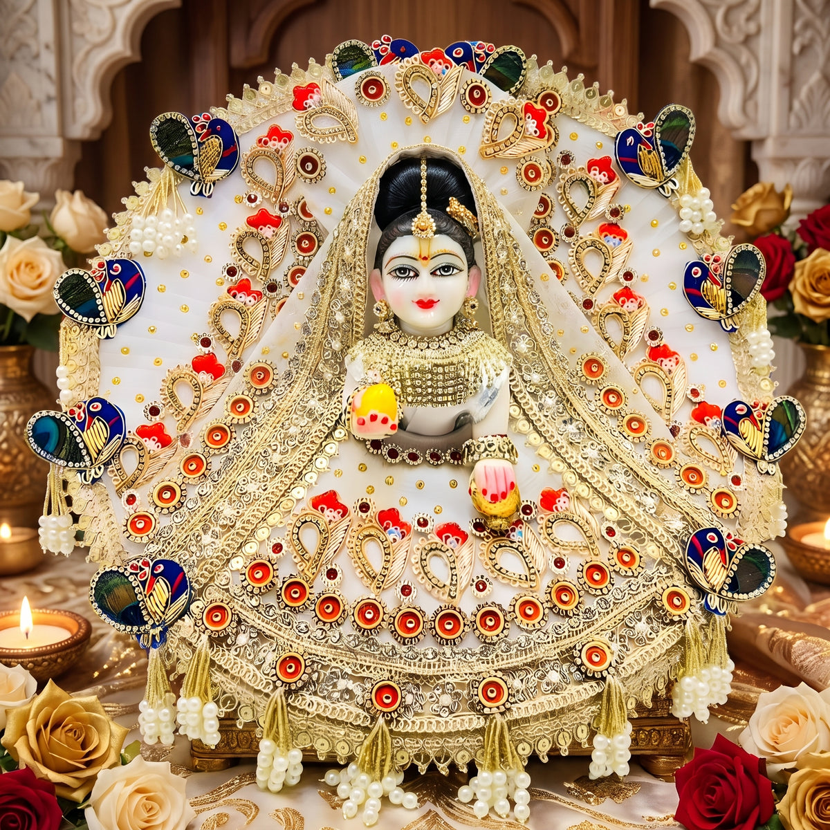 White Designer Radha Rani Outfit With Dupatta, Bansuri and a Surprise Gift