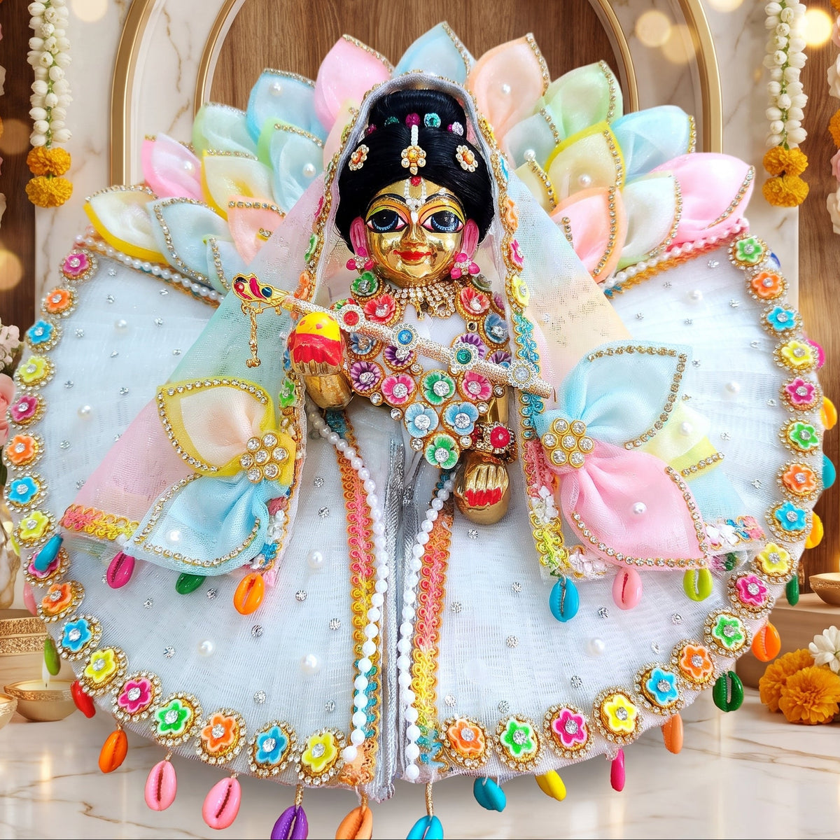 Elegant White Radha Rani Poshak with Chunri, Bansuri and a Surprise Gift