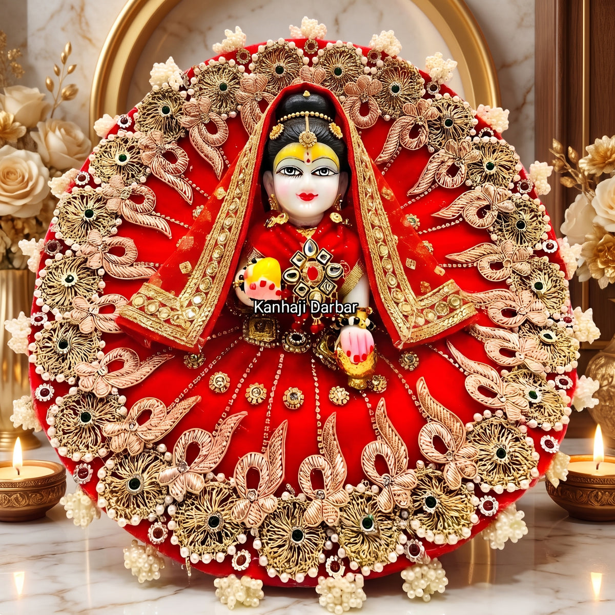 Traditional Red Zari Radha Rani Poshak with Dupatta, Bansuri and a Surprise Gift