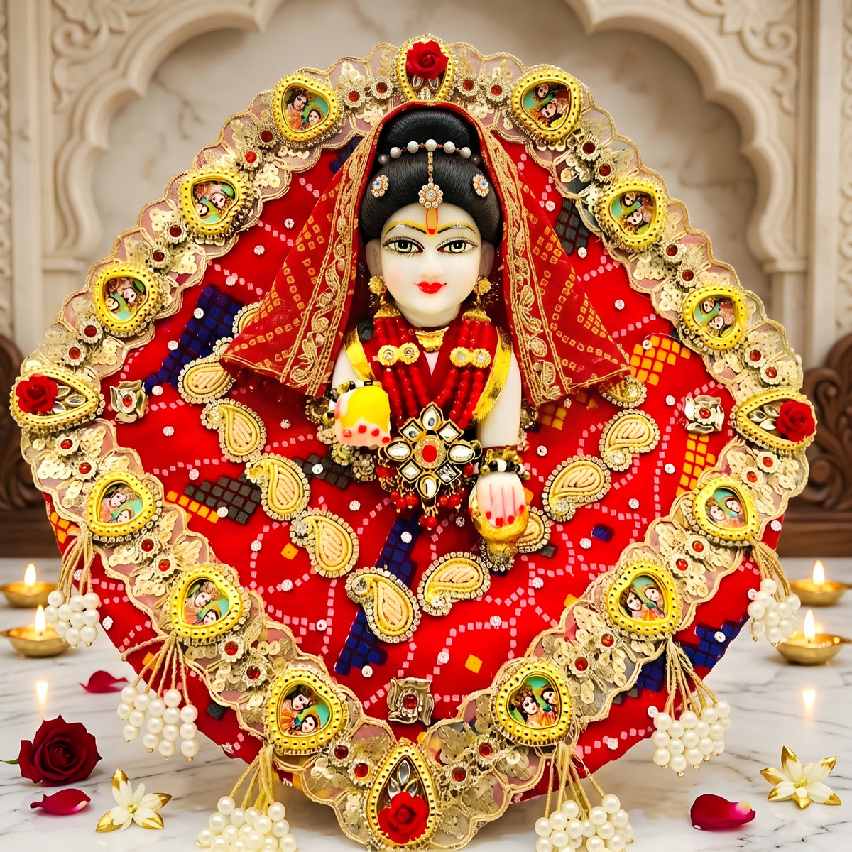 Radha Krishna Themed Red Bandhej Poshak with Dupatta, Bansuri and a Surprise Gift