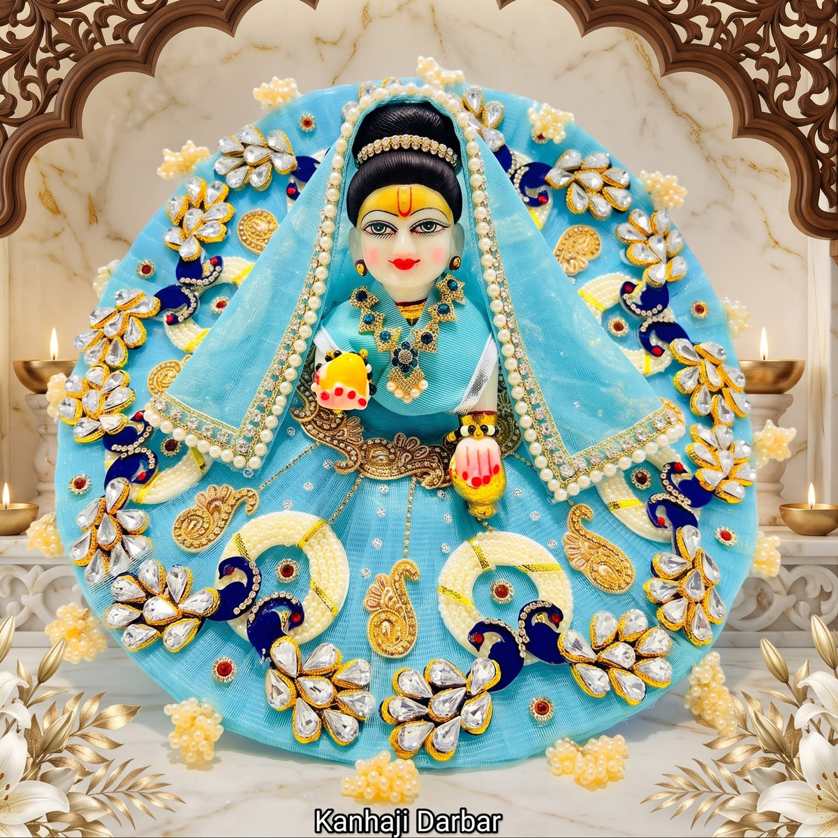 Sky Blue Kundan Work Radha Rani Dress with Dupatta, Bansuri and a Surprise Gift