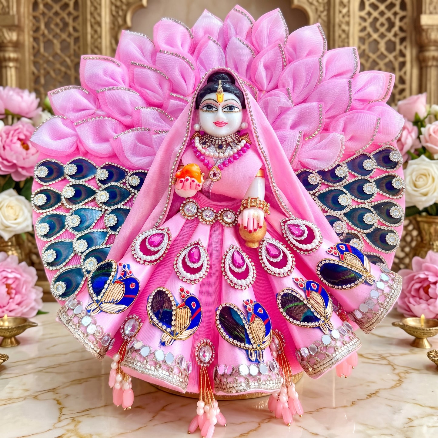 Designer Bal Radha Rani Heavy Cone Poshak in Peacock Theme with Chunri, Bansuri and a Gift