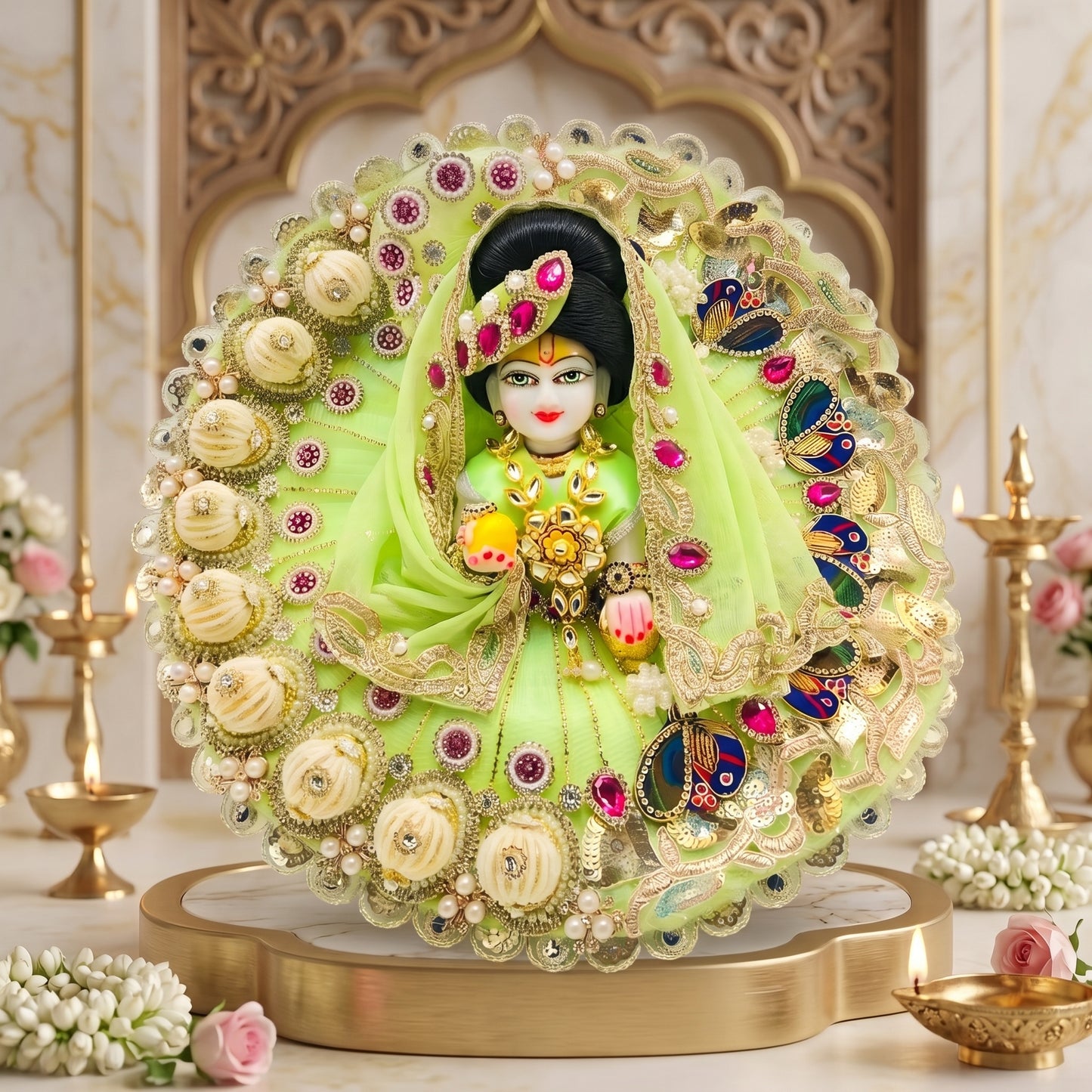 Radha Rani Lehenga in 3D Pearl & Zari Peacock with Dupatta, Bansuri and a Surprise Gift