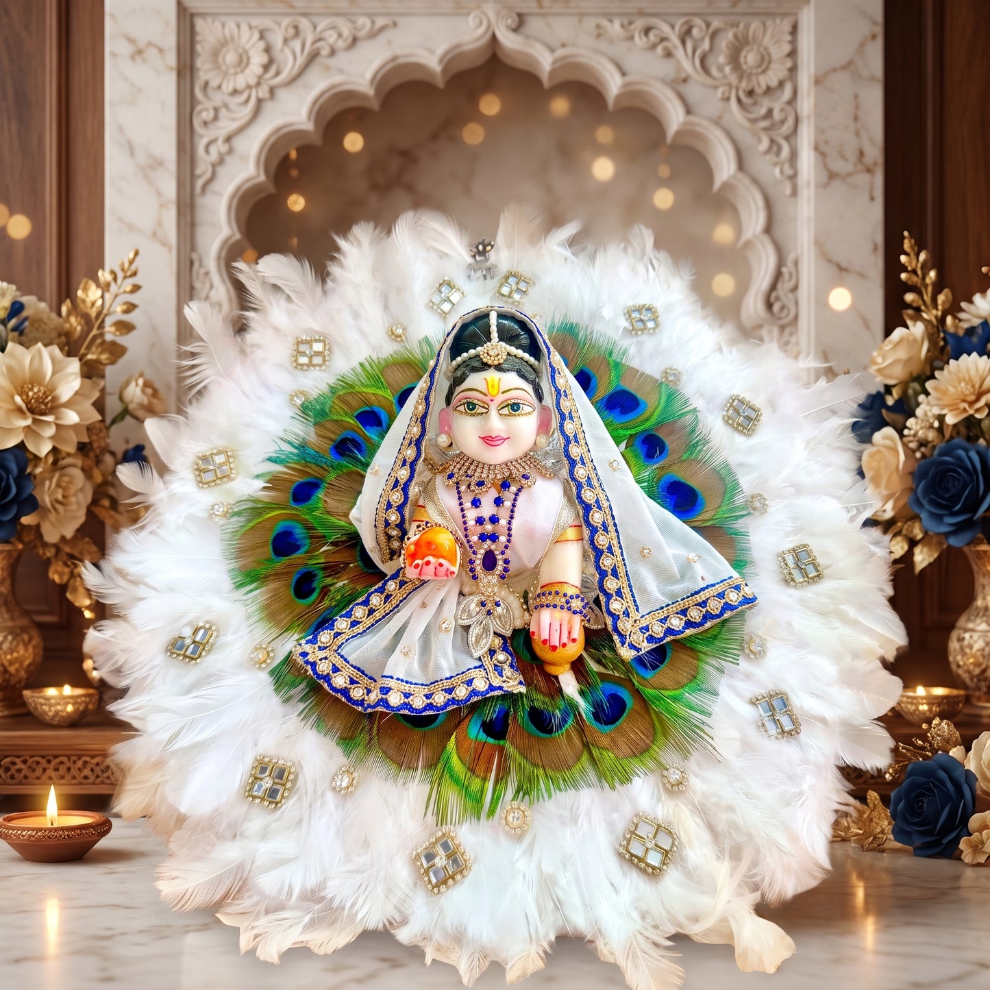 Peacock and Yellow Feathers Radha Rani Poshak with Dupatta, Bansuri & Surprise Gift