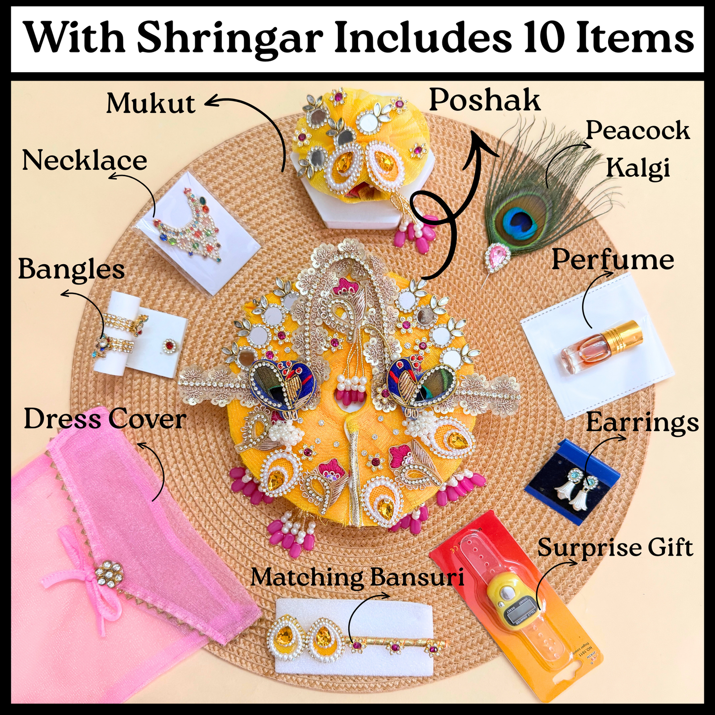 Yellow Peacock Laddu Gopal Heavy Dress with Mukut, Bansuri & Surprise Gift