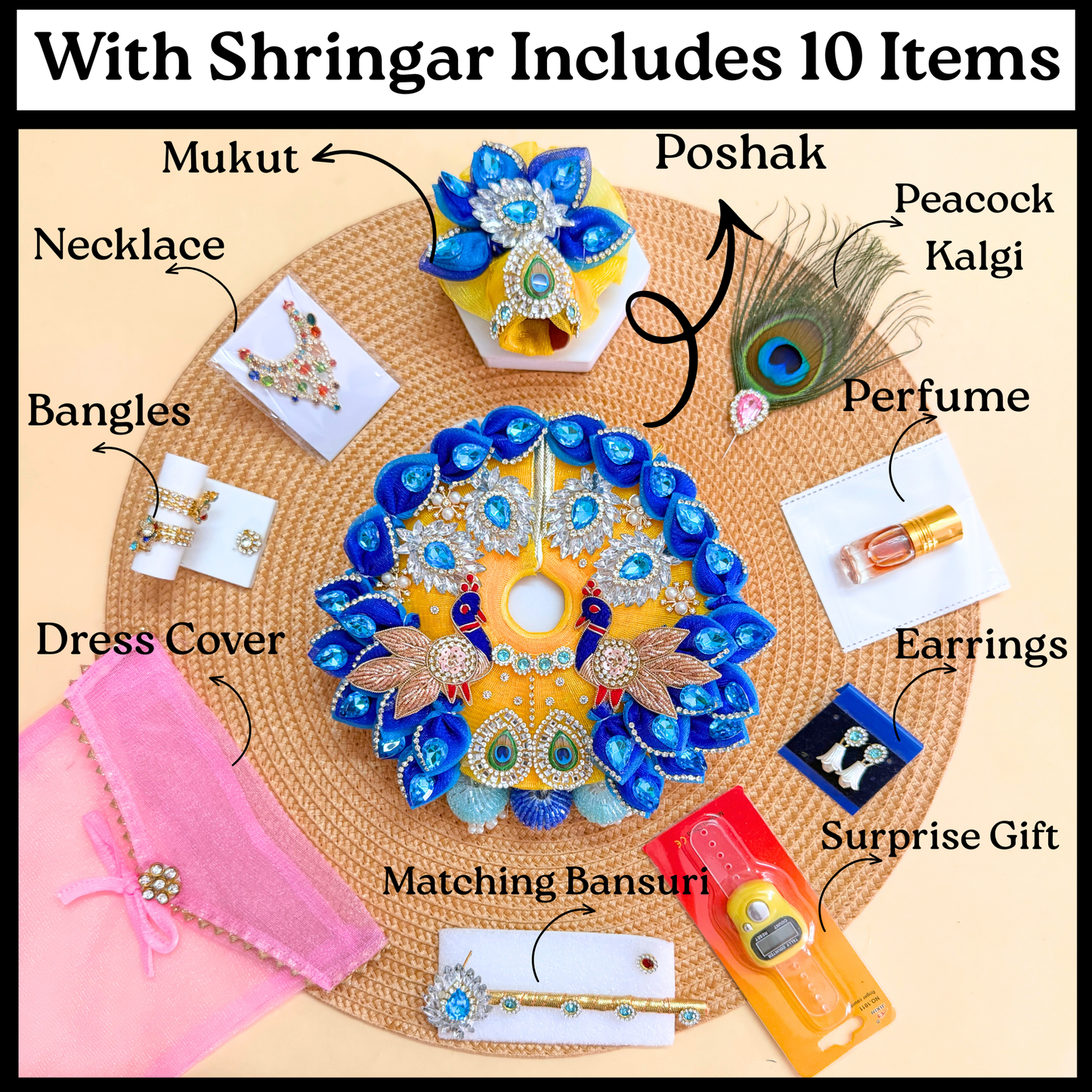 Royal Yellow Laddu Gopal Peacock Heavy Dress with Mukut & Surprise Gift