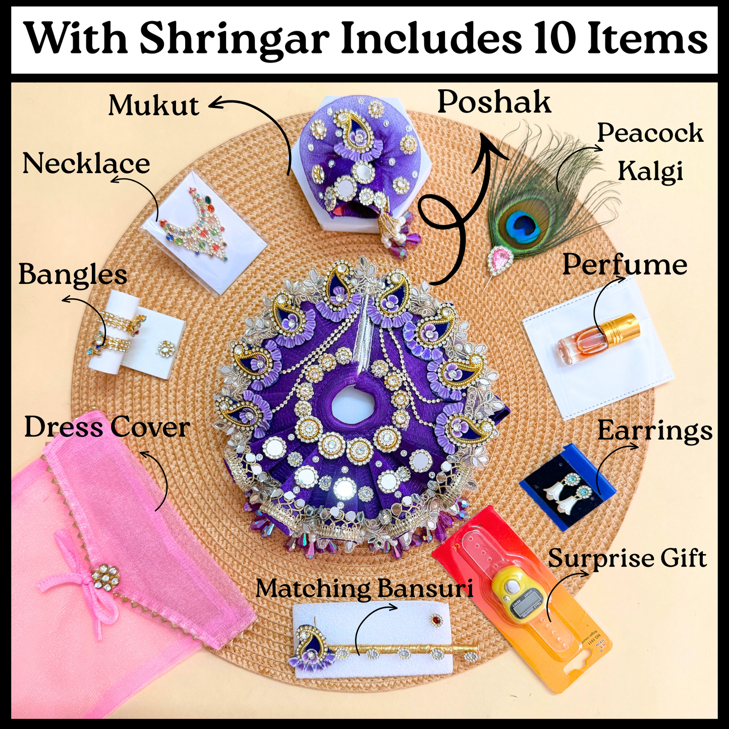 Royal Purple Laddu Gopal Cone Dress with Mukut, Bansuri & Surprise Gift