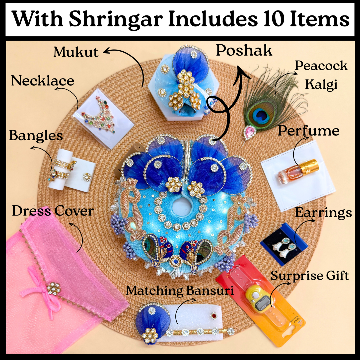 LED Light Laddu Gopal Designer Dress with Mukut, Bansuri & Surprise Gift