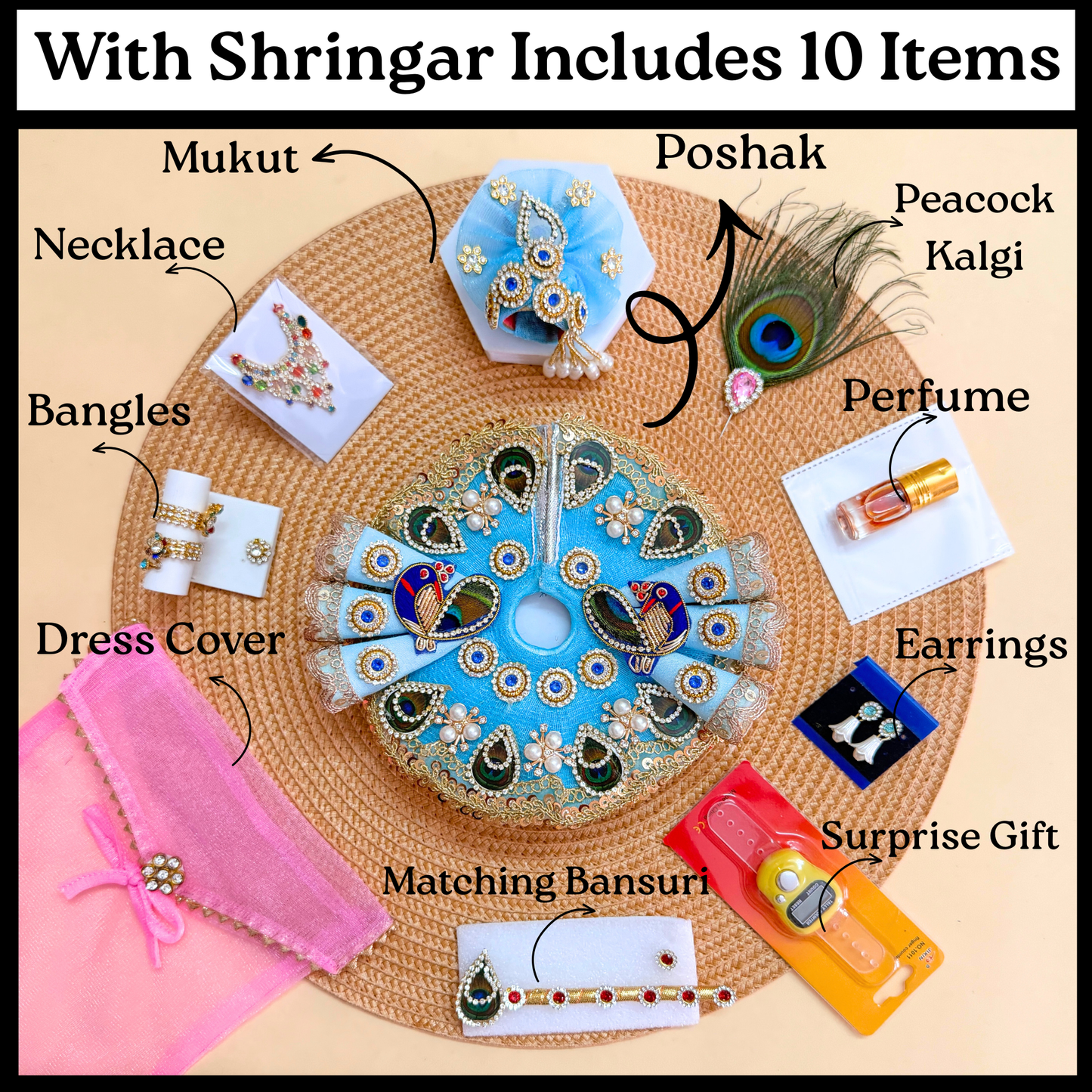 Sky Blue Peacock Kanha Ji Cone Dress with Mukut, Bansuri & Surprise Gift
