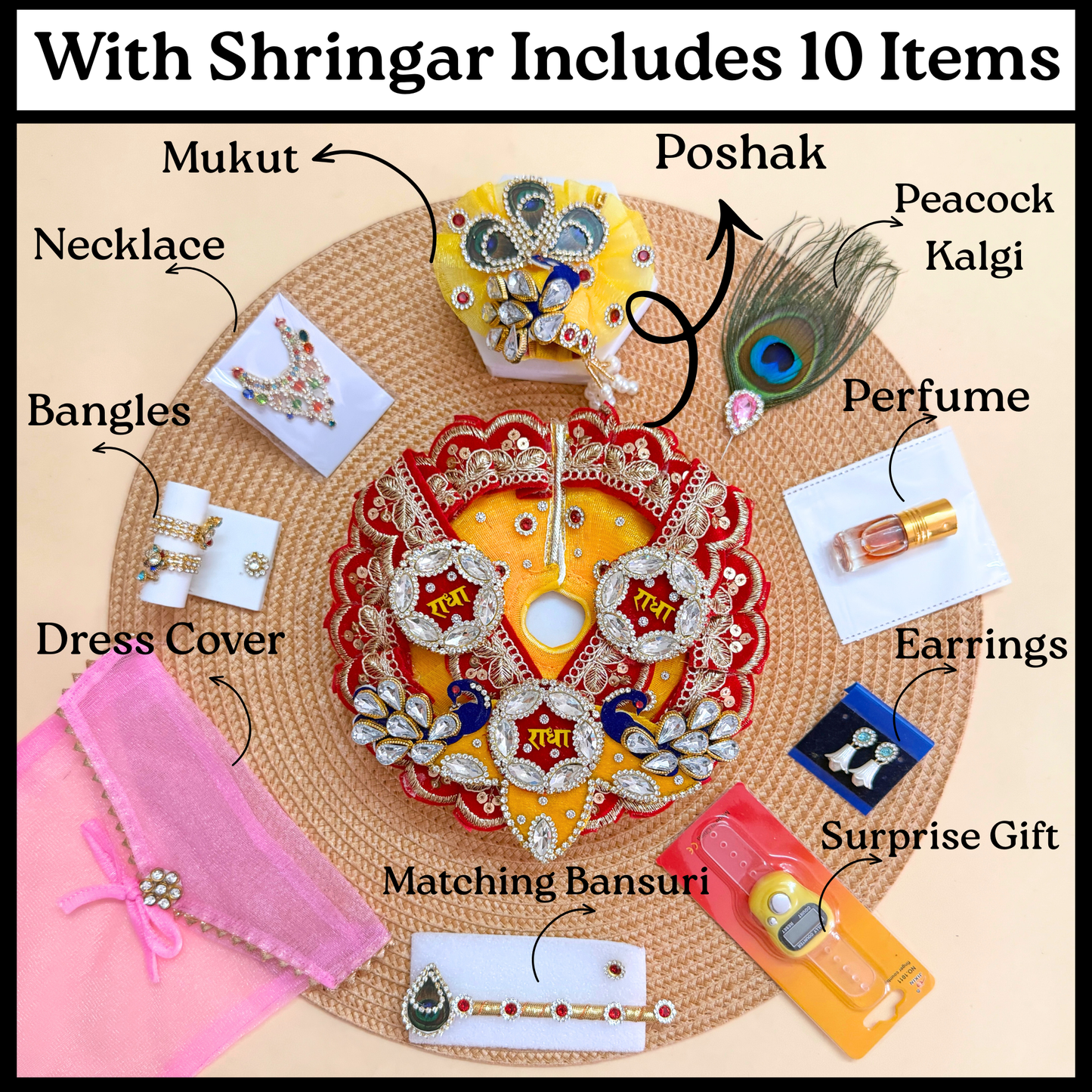 Two in One Radha Mala Laddu Gopal Dress with Pagdi, Bansuri and a Gift