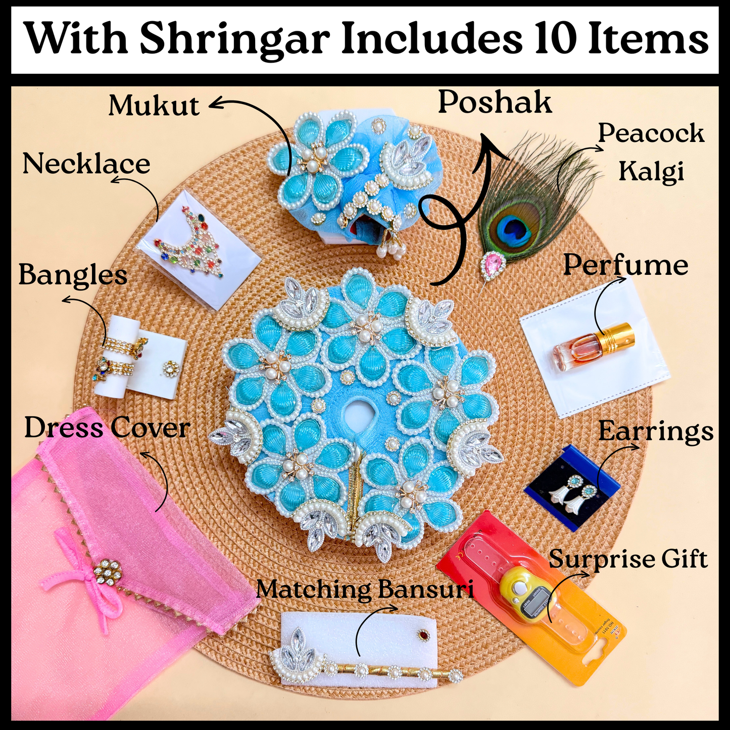 Sky Blue Floral Thakur ji Dress with Mukut, Bansuri & Surprise Gift