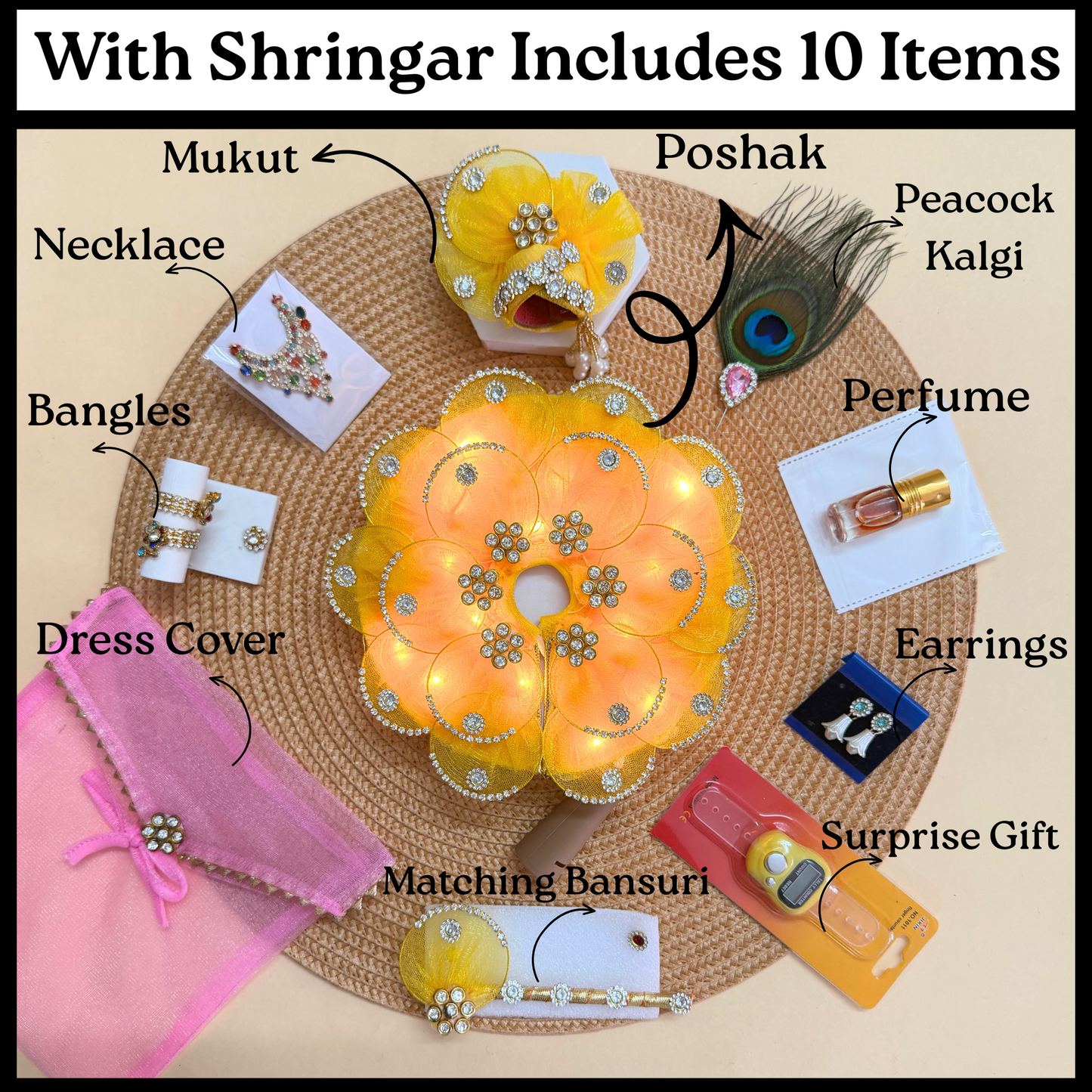 Two-in-One LED Light Thakurji Dress with Mukut, Bansuri & Surprise Gift