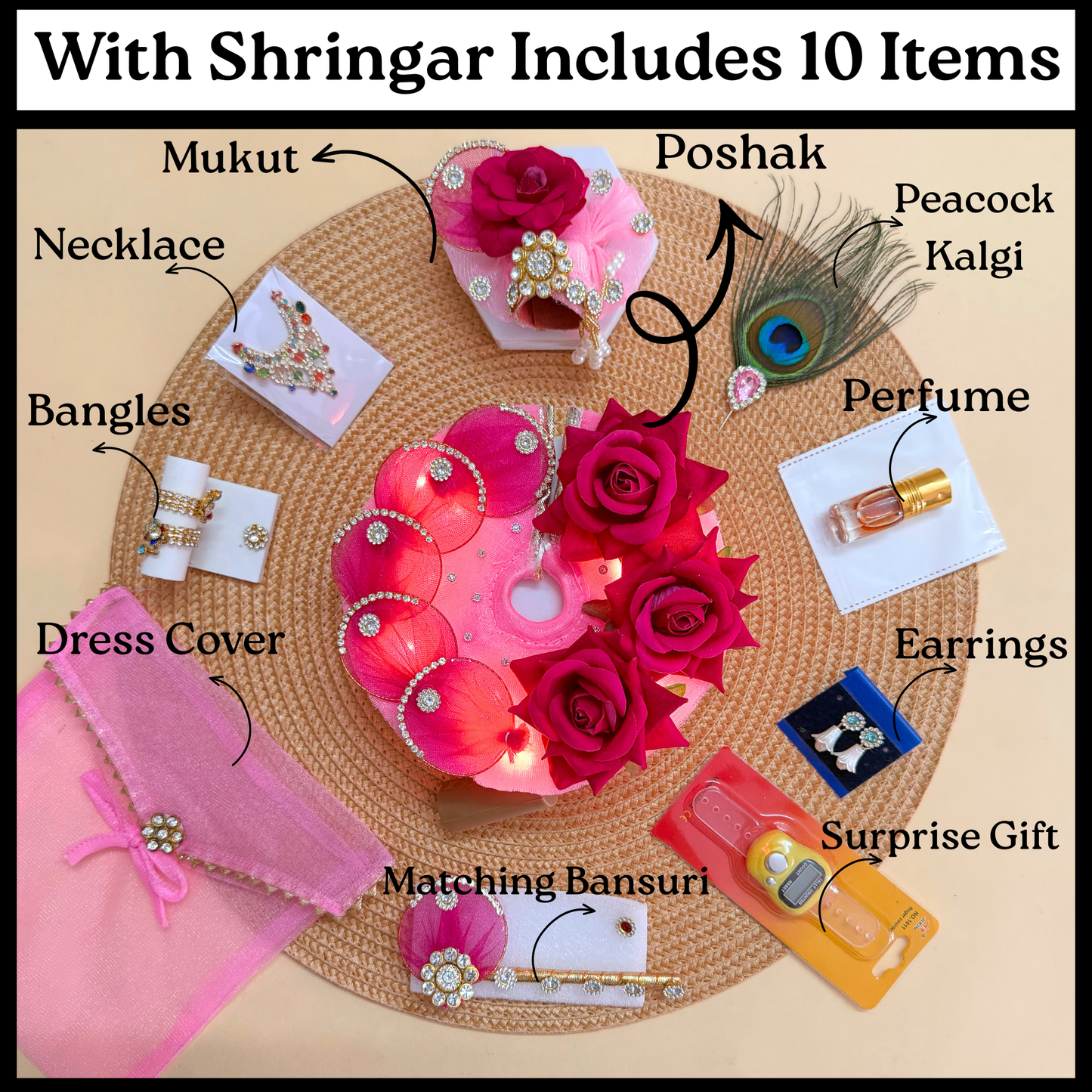 LED Light Rose Gopal Dress with Mukut, Bansuri and Surprise Gift
