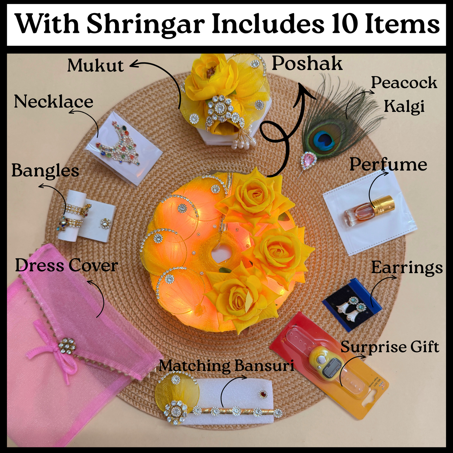 LED Light Rose Kanhaji Dress with Mukut, Bansuri and Surprise Gift