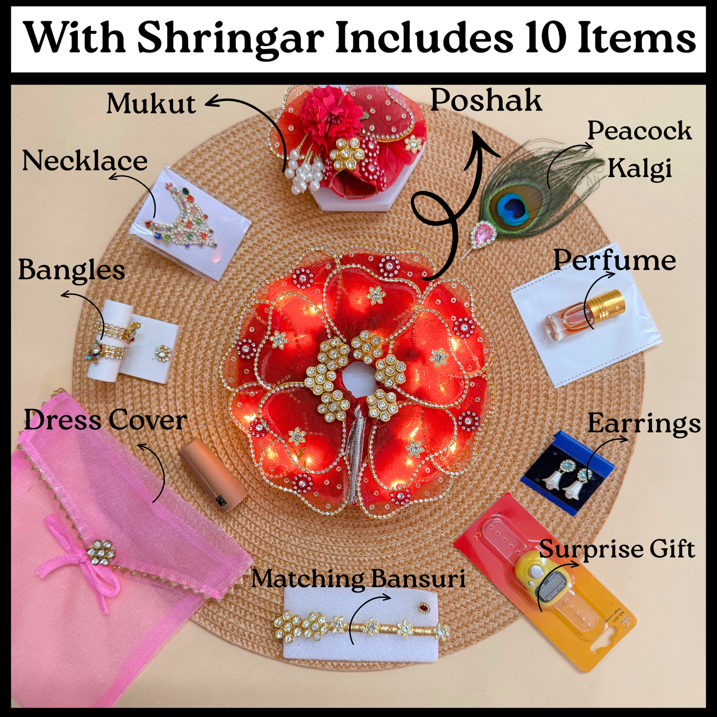 LED Light Heart Petal Kanha ji Dress with Mukut & Surprise Gift