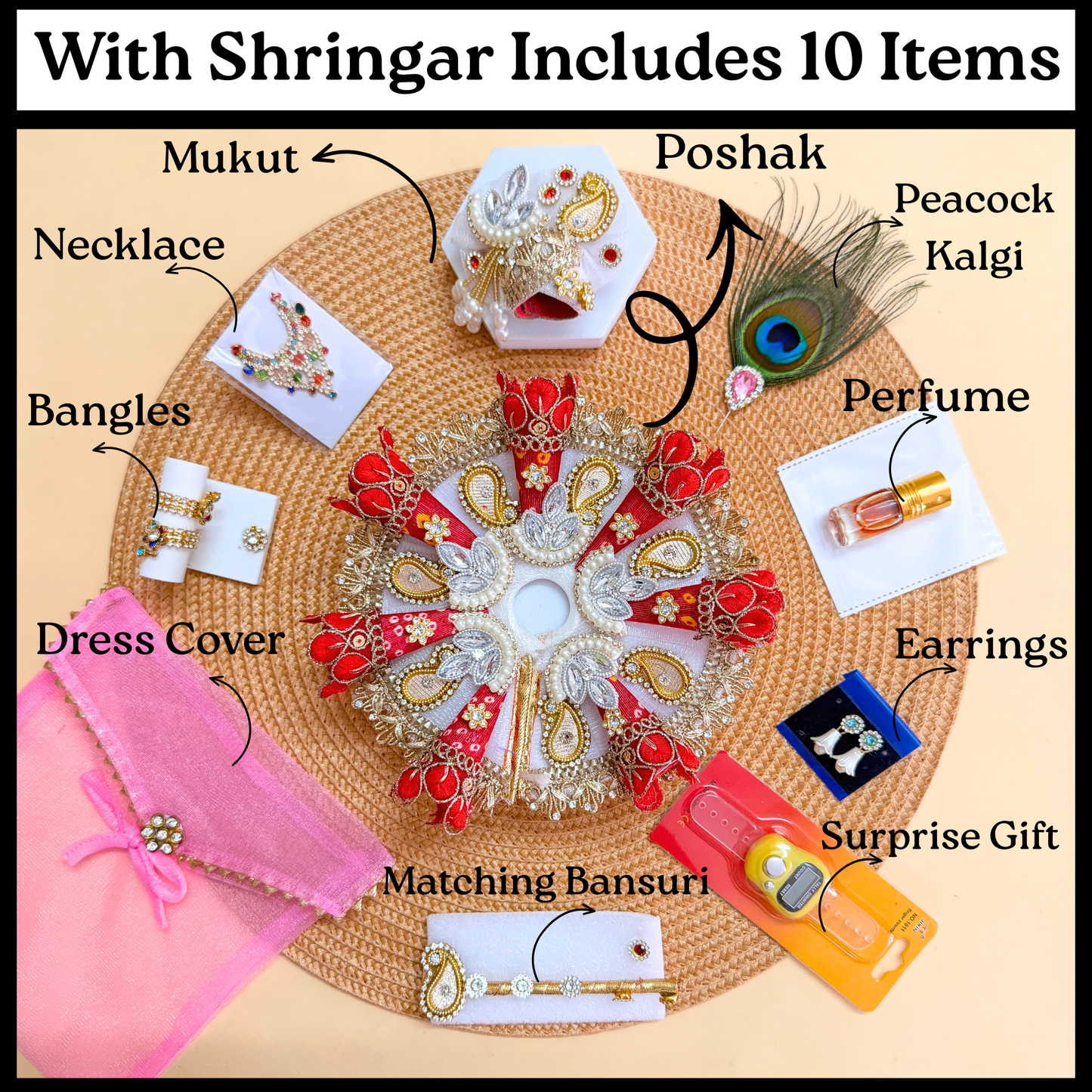 Red Bandhani Laddu Gopal Cone Dress with Mukut & Surprise Gift