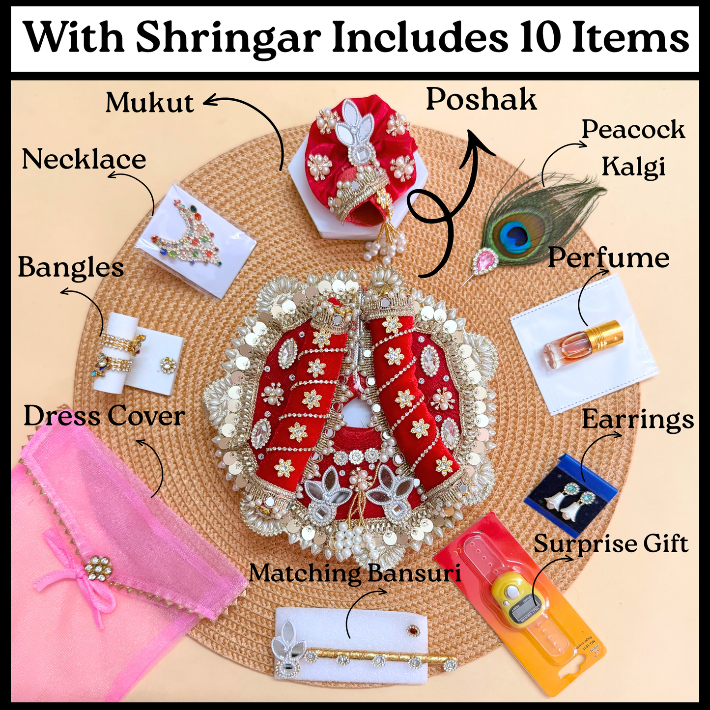 Royal Red Thakur Ji Dress with Mukut, Bansuri & Surprise Gift