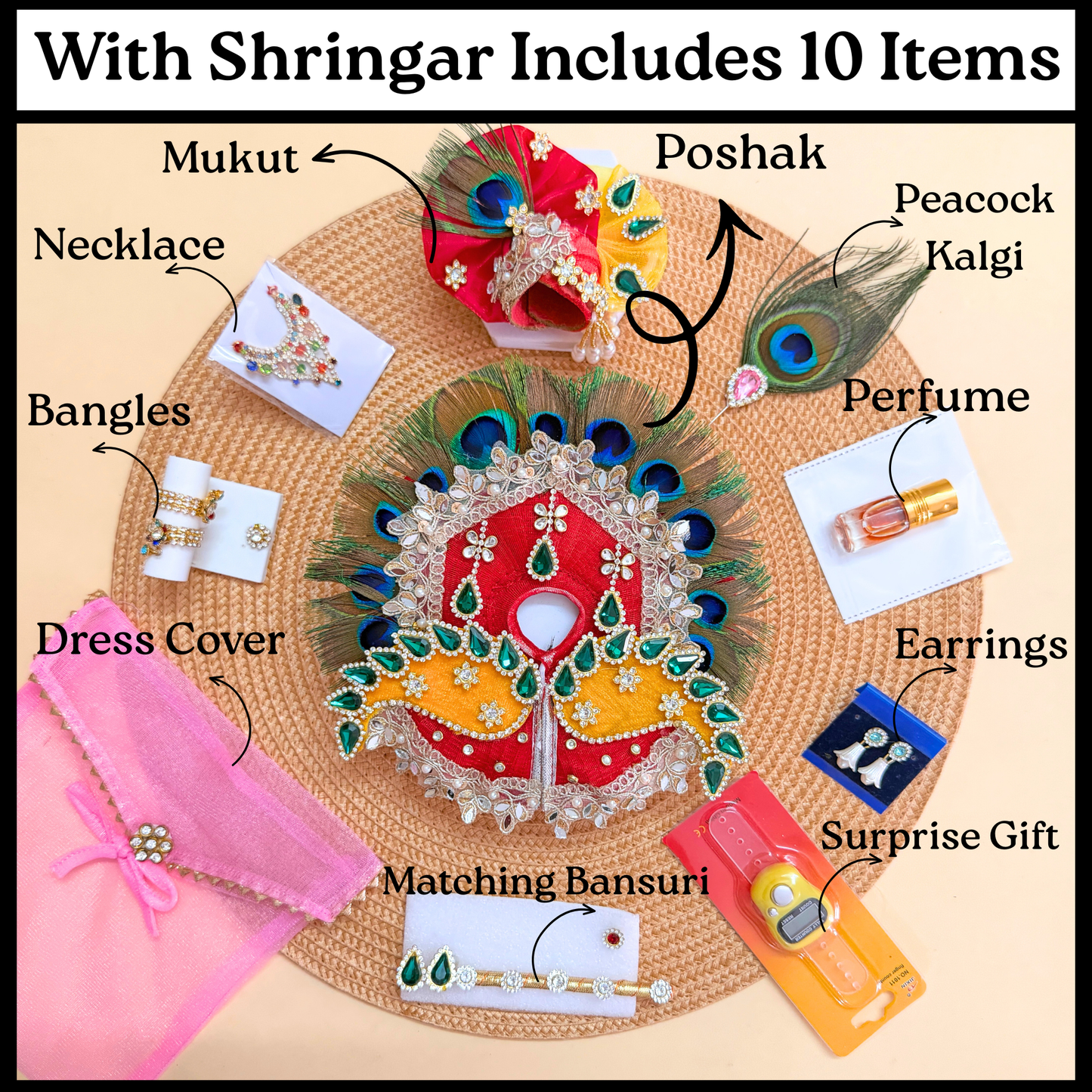 Designer Peacock Feather Bal Gopal Poshak with Mukut, Bansuri & a Gift