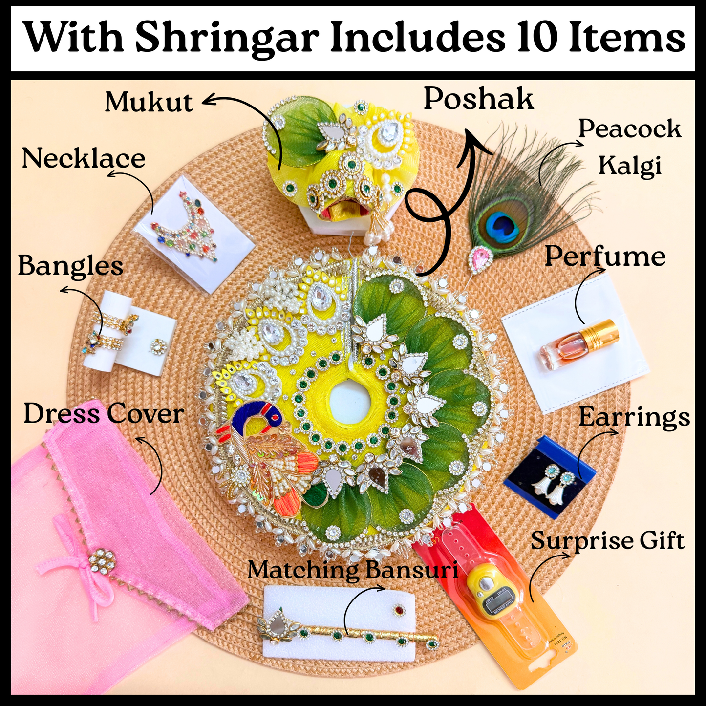Designer Yellow Peacock Kanha ji Dress with Mukut, Bansuri & Surprise Gift