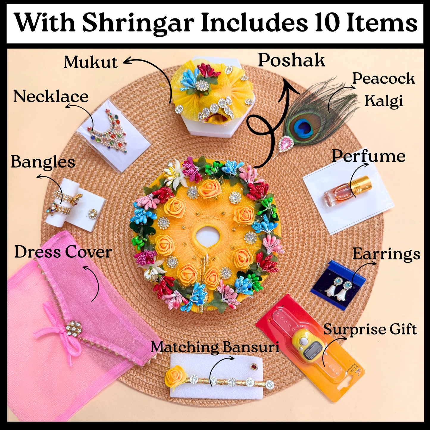 Kanhaji Pollen Flower Dress with Mukut, Bansuri and a Surprise Gift