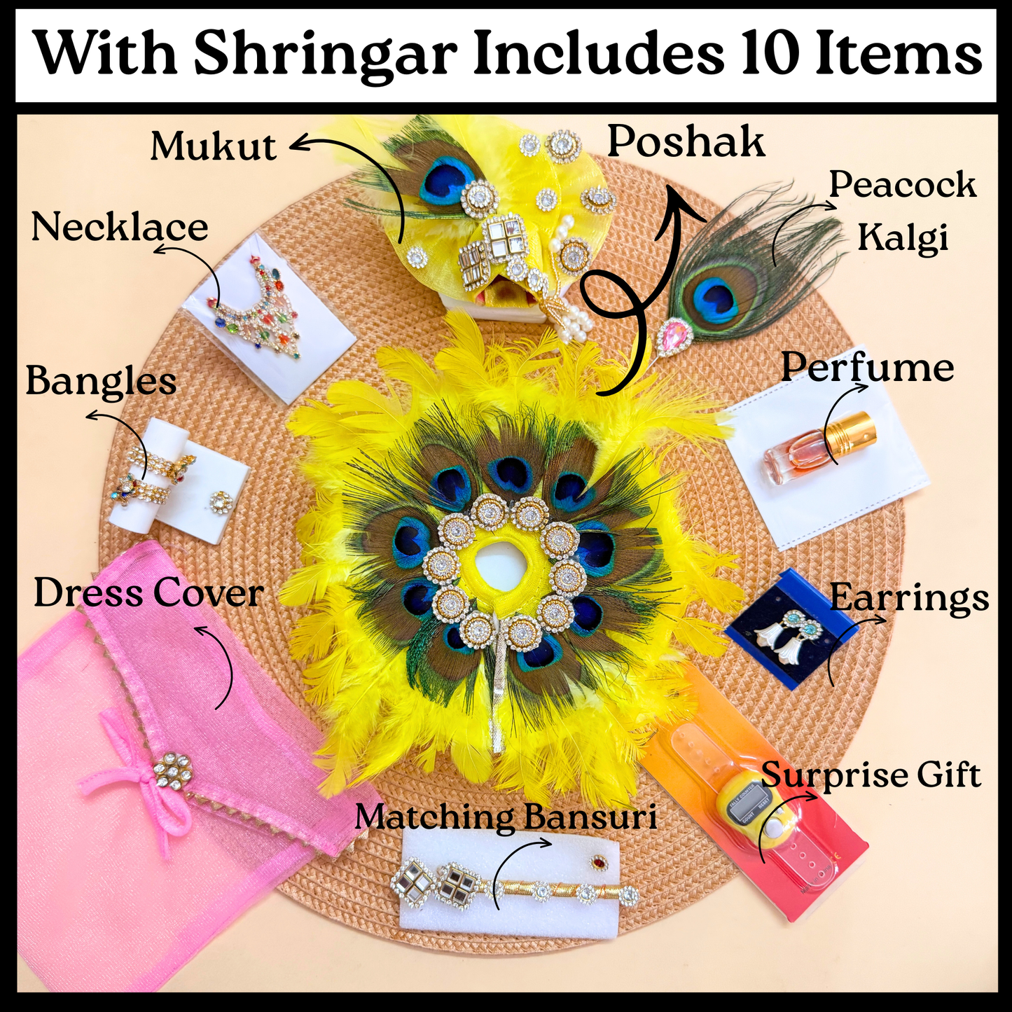 Peacock and Yellow Feathers Laddu Gopal Poshak with Mukut, Bansuri & Surprise Gift