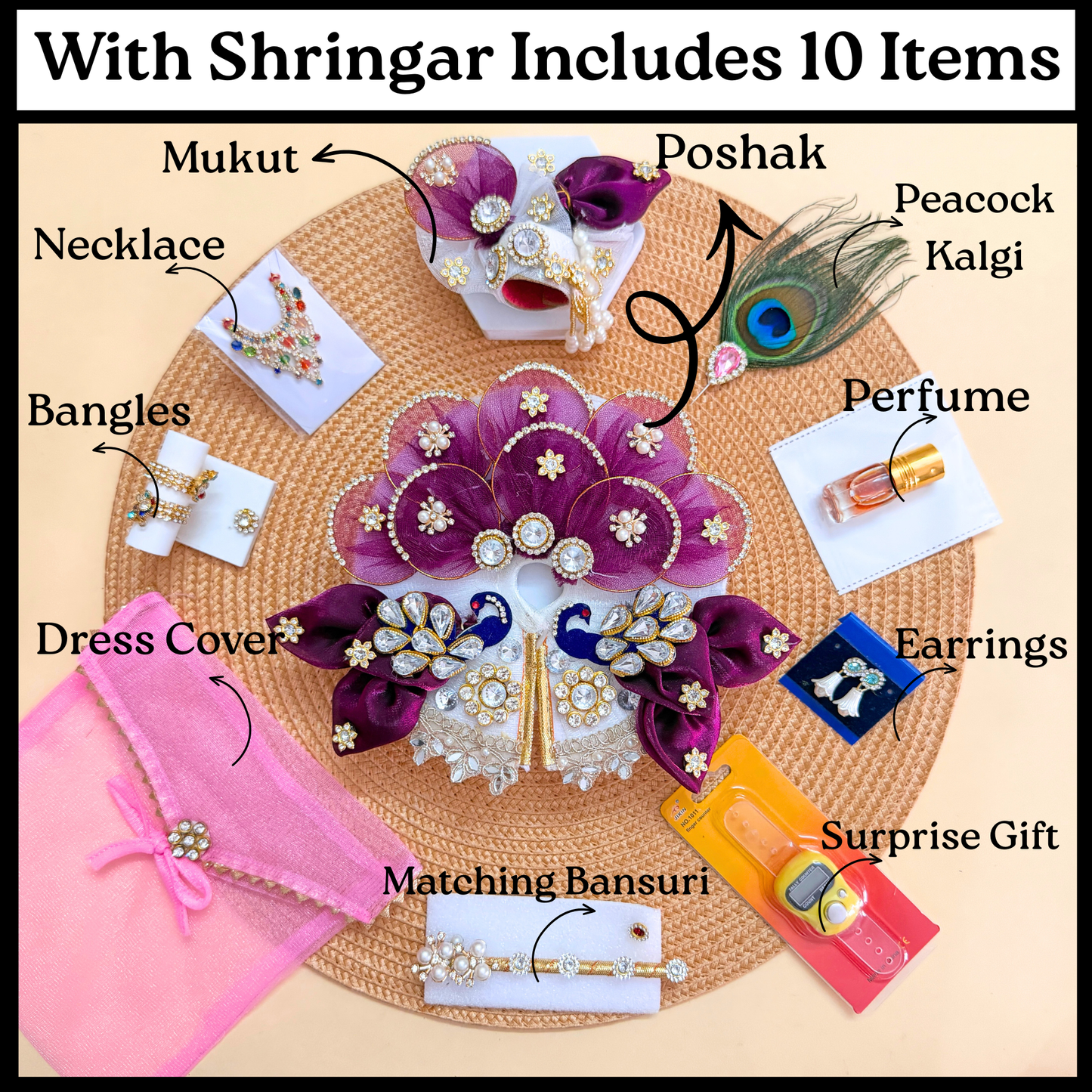 Designer Bal Gopal Purple Floral Poshak with with Mukut, Bansuri and a Surprise Gift