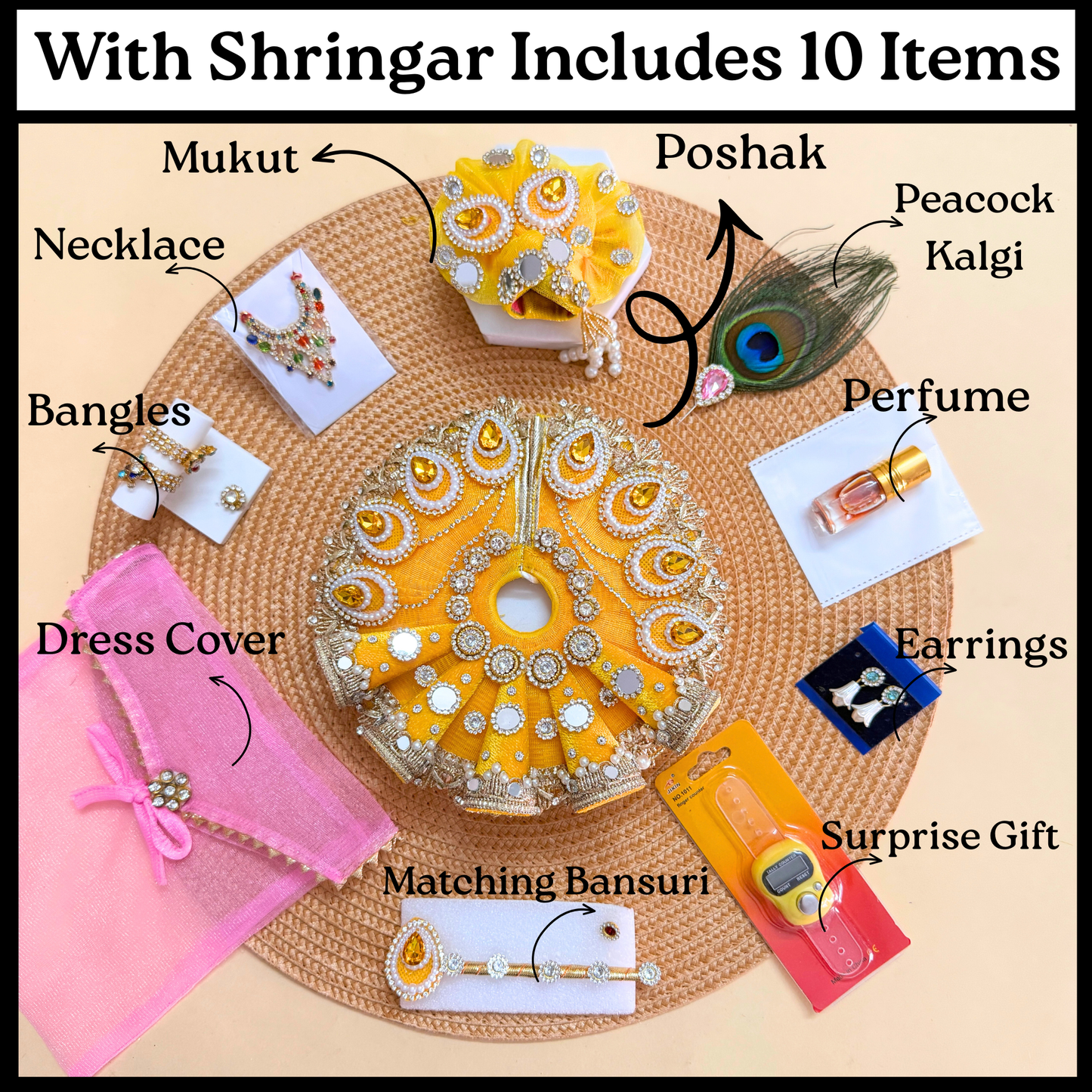 Royal Yellow Kanha ji Cone Dress with Mukut, Bansuri & Surprise Gift
