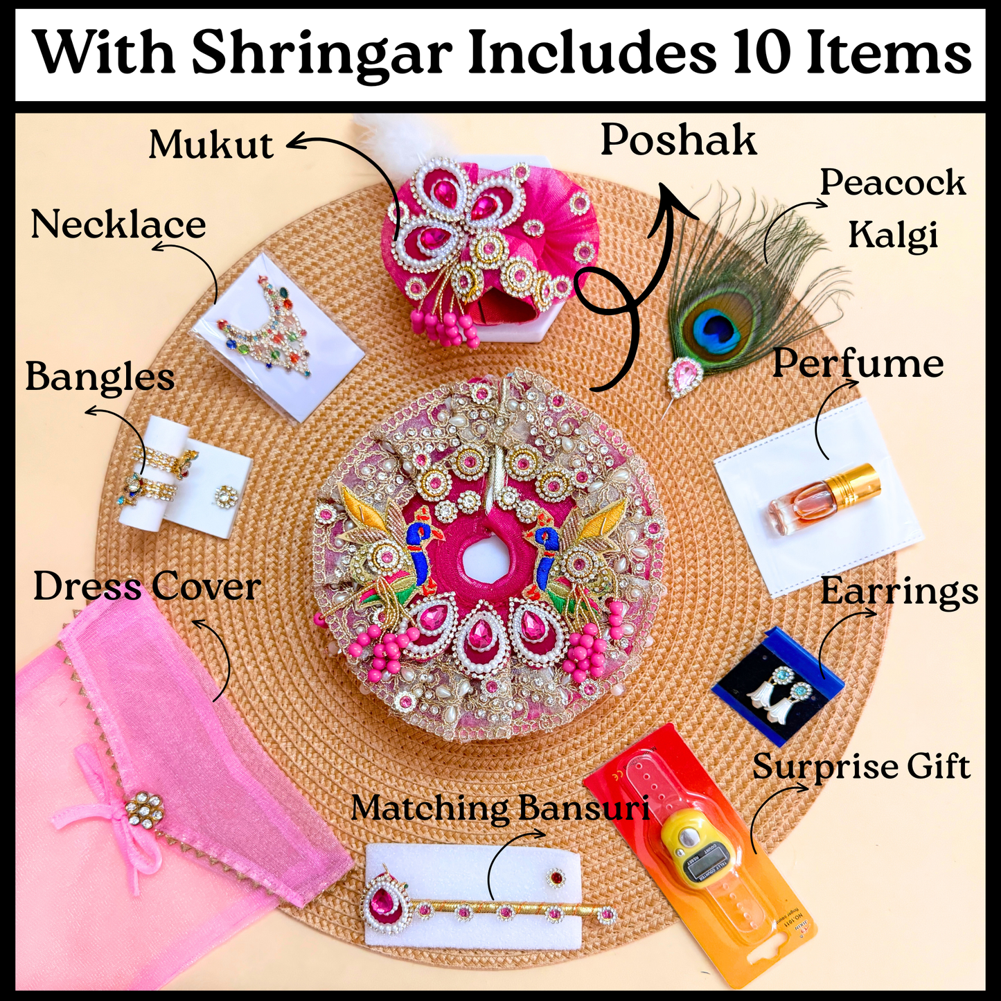 Handmade Pink Bal Gopal Poshak with Peacock Design with Mukut, Bansuri and a Gift