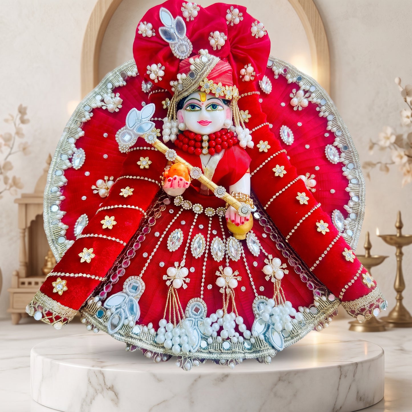 Royal Red Thakur Ji Dress with Mukut, Bansuri & Surprise Gift