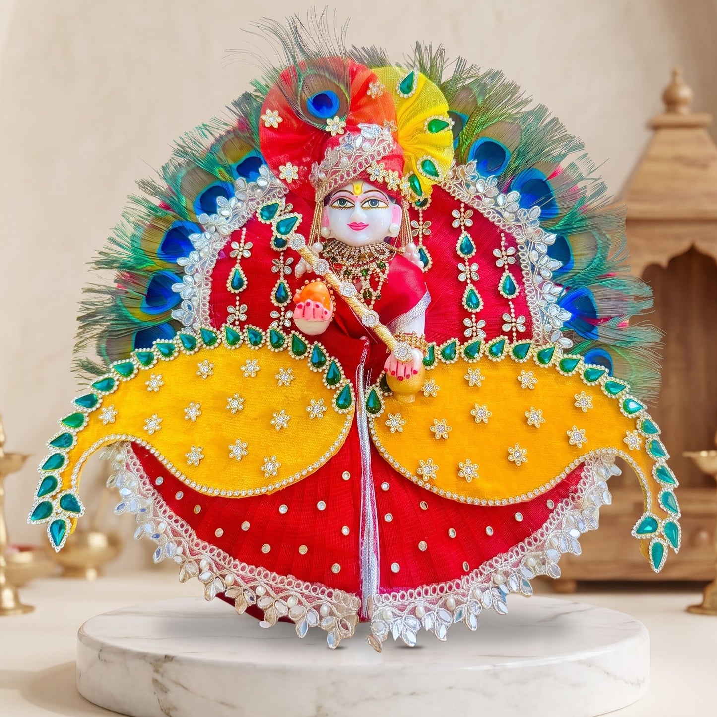 Designer Peacock Feather Bal Gopal Poshak with Mukut, Bansuri & a Gift
