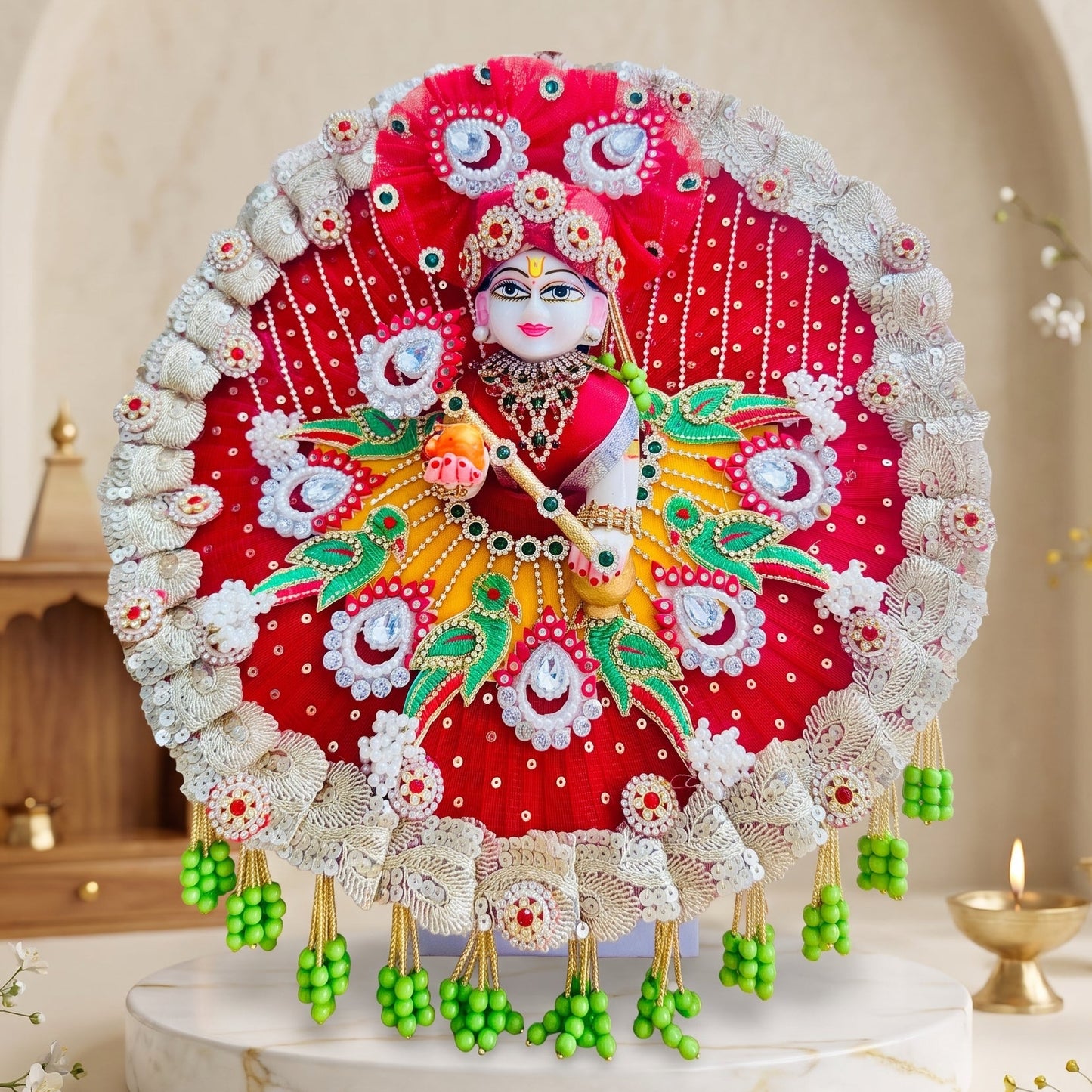 Little Krishna Poshak with Parrot Embroidery & Pearl Lace with Mukut, Bansuri & Gift