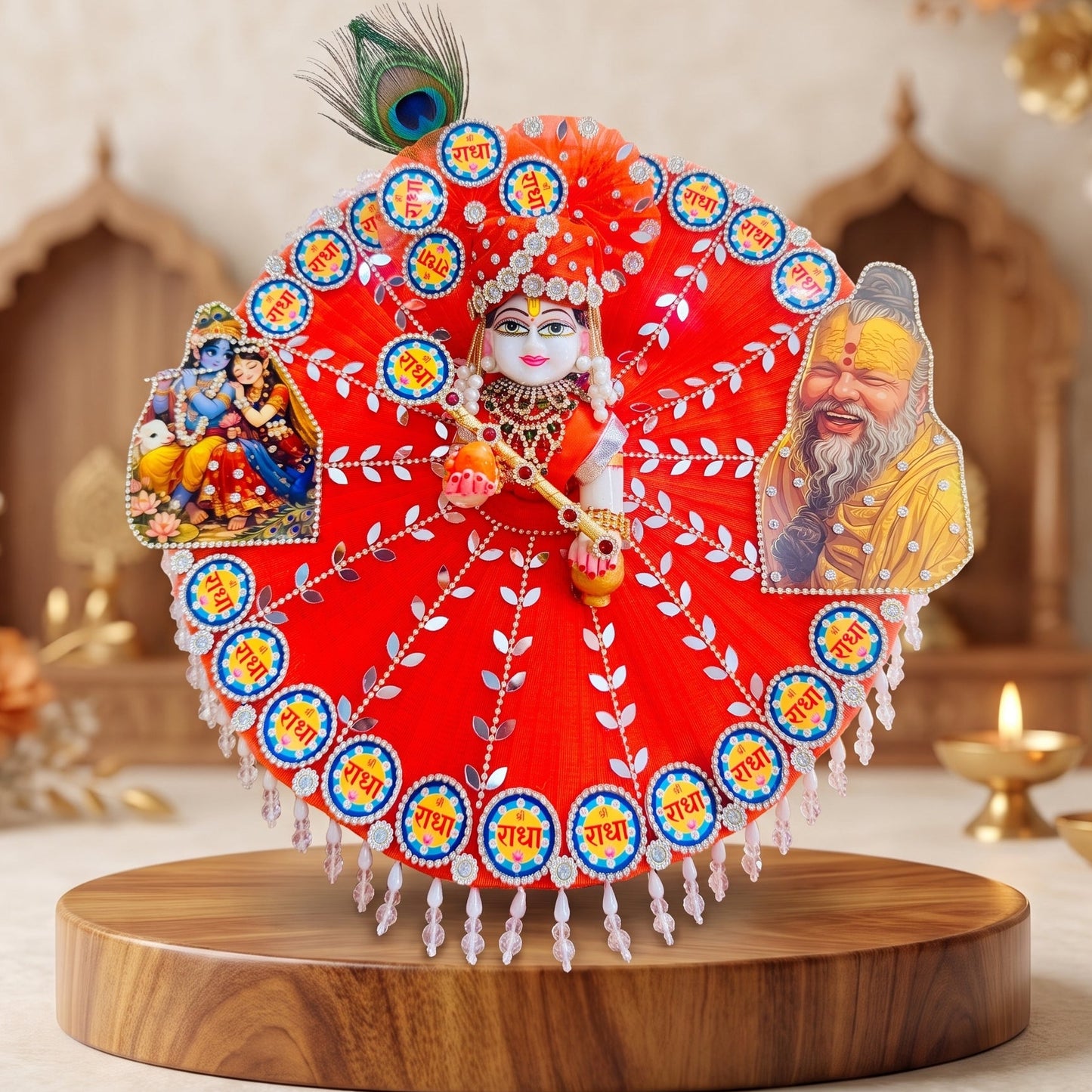 Designer Premanand Ji Maharaj Laddu Gopal Poshak with Radha Naam Theme with Mukut, Bansuri and a Gift