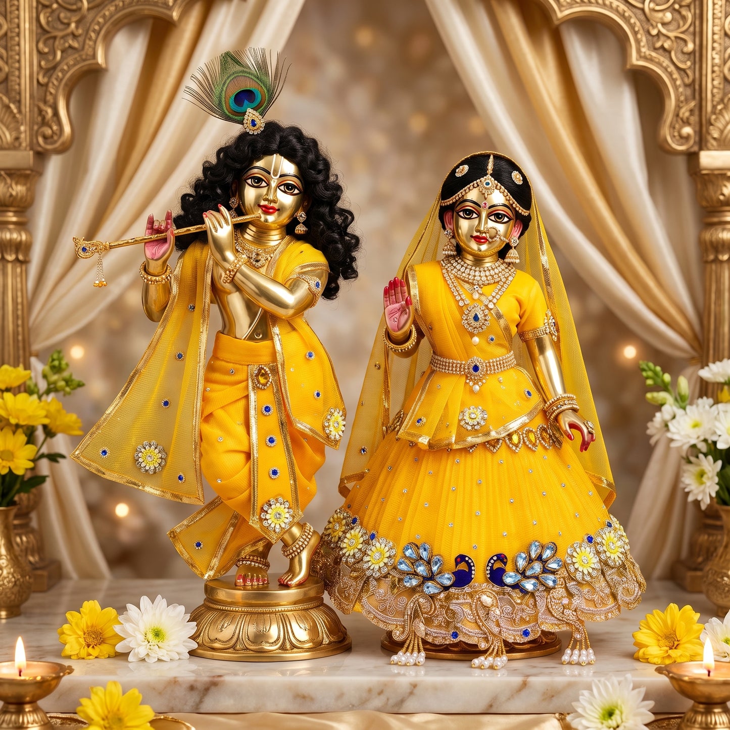 Yellow Peacock Design Radha Krishna Jugal Jodi Dress