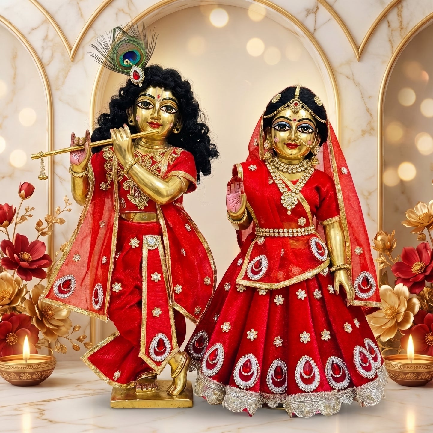 Red 3D Cone Radha Krishna Dress