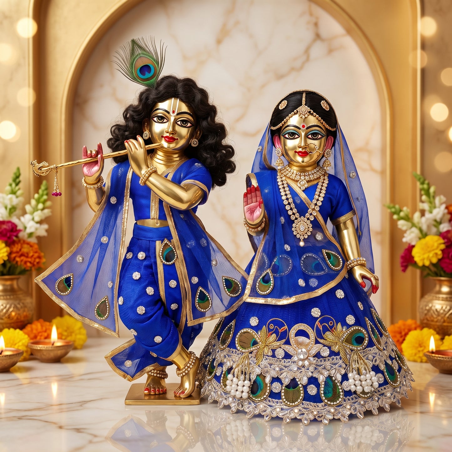 Royal Blue Radha Krishna Peacock Theme Poshak