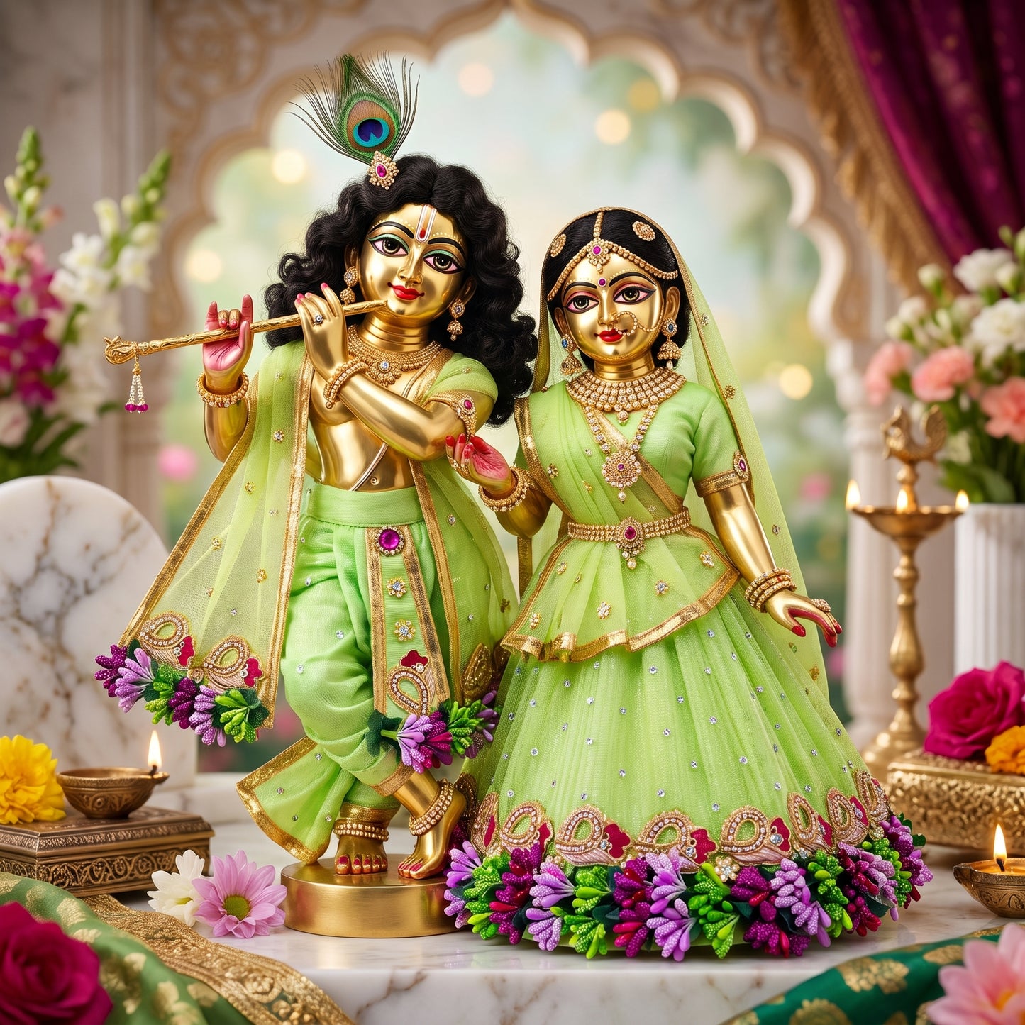 Parrot Green Radha Krishna Floral Dress