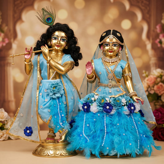 Sky Blue Feather Radha Krishna Dress | Krishna Dhoti & Radha Rani Lehenga