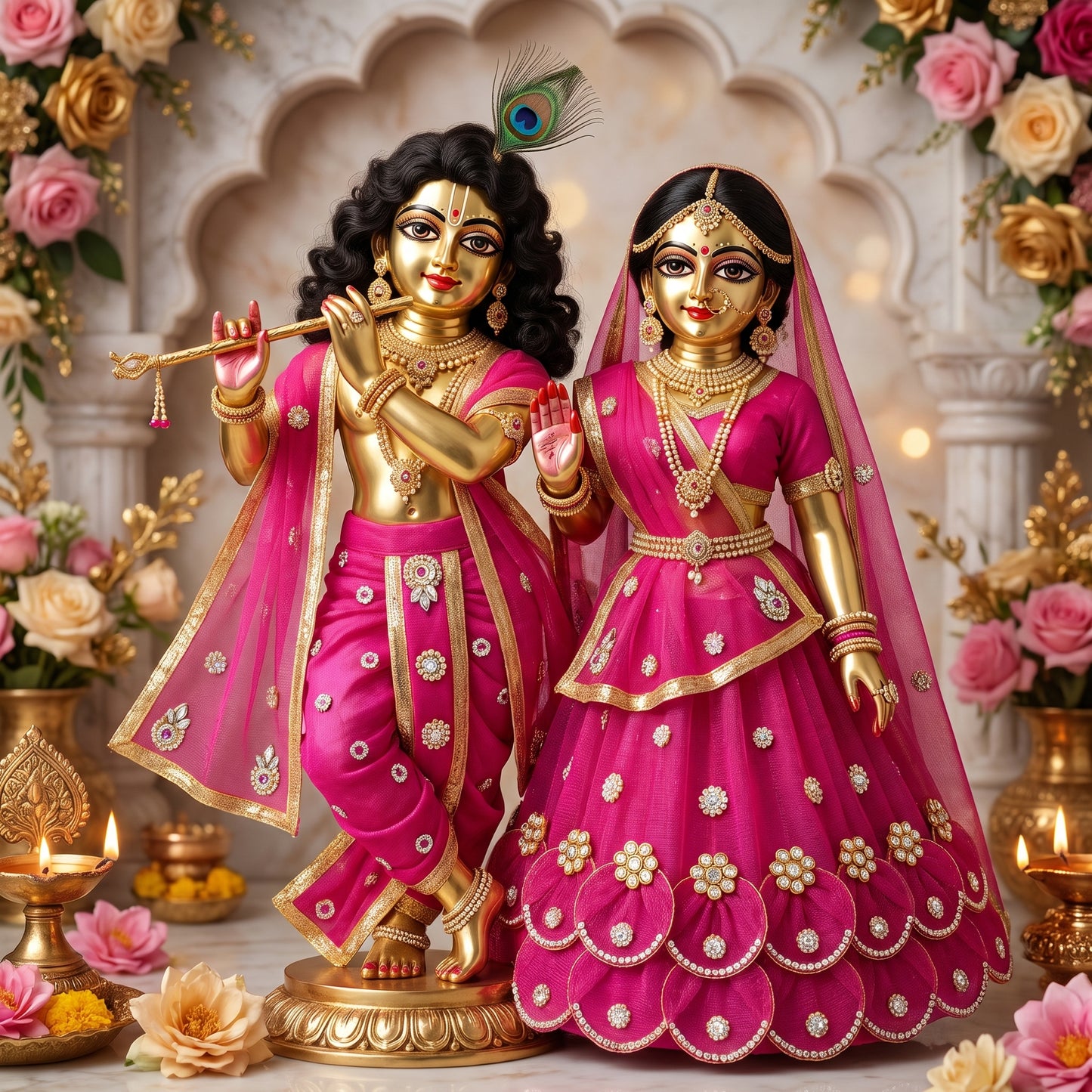 Designer Pink Radha Krishna Poshak | Handmade Jugal Jodi Dress Set