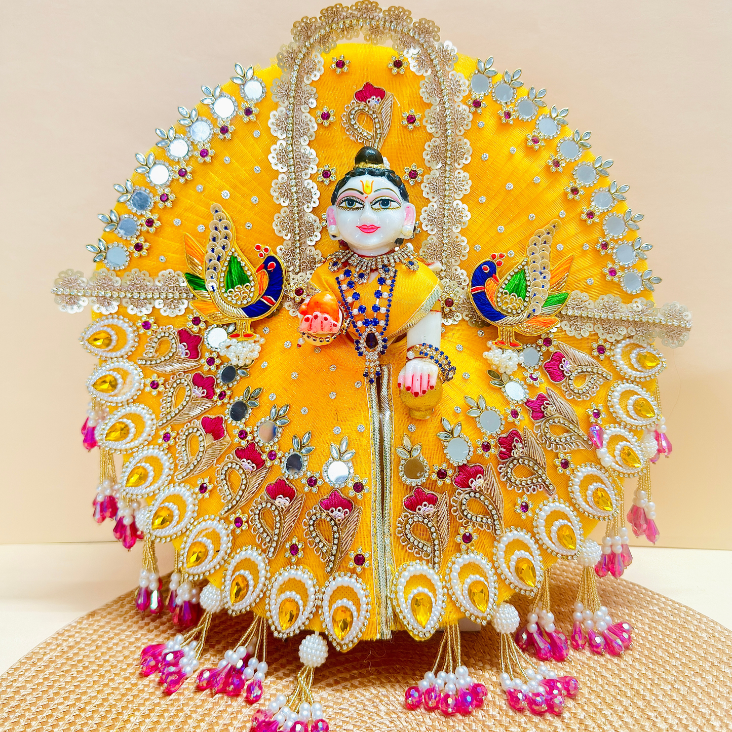 Yellow Peacock Laddu Gopal Heavy Dress with Mukut, Bansuri & Surprise Gift